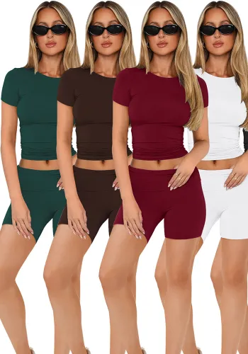 Women short-sleeved round neck top and shorts two-piece set