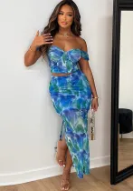 Women Sexy Top and Mesh Print Slit Skirt Two-piece Set