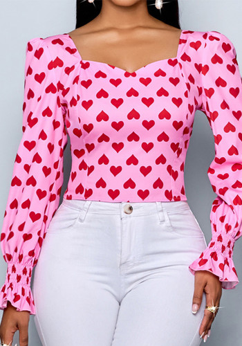 Women Spring Print Square Neck Lantern Sleeve Top