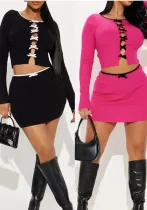 Women bow Round Neck long-sleeved knitting hollow contrasting Top and Skrit two-piece set
