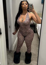 Women Summer Leopard Print Sexy V-neck Backless Halter Neck Jumpsuit
