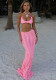 Women Spring Summer Sexy Halter Neck Crop Top Flower Patchwork Knitting Skirt Two-piece Set