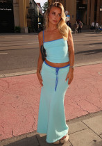 Women solid sleeveless strapless top and skirt two-piece set