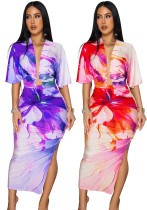 Summer Sexy Printed V Neck Top Side Slit Long Skirt Two Piece Set