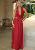 Spring Sexy Open Waist Hollow Halter Neck Long Dress