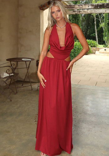 Spring Sexy Open Waist Hollow Halter Neck Long Dress
