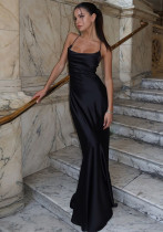 Spring and Summer Strap Satin Low Back Lace-Up Long Dress