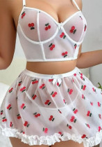 Spring Sexy Lingerie Set Cherry Printed Skirt Set