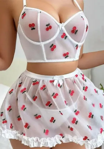 Spring Sexy Lingerie Set Cherry Printed Skirt Set