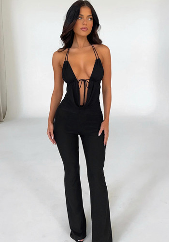 Strap Deep V Neck Lace-Up Hollow Women Jumpsuit