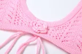 Women Spring Summer Sexy Halter Neck Crop Top Flower Patchwork Knitting Skirt Two-piece Set