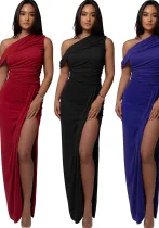 Summer Slash Shoulder Gathered Solid Color Slit Dress