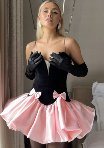 Winter Women Elegant Sleeveless Patchwork Bandage Strap Puffy Dress
