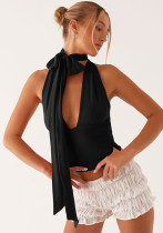 Fashionable slim solid color Halter Neck sexy Low Back short Strap top
