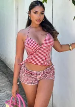 Summer Lace-Up Plaid  Two Piece Shorts Set