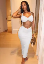 Summer Sexy Fashion Solid Color Halter Neck Hollow Sleeveless Slim Bodycon Dress