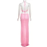 Women Spring Summer Sexy Halter Neck Crop Top Flower Patchwork Knitting Skirt Two-piece Set