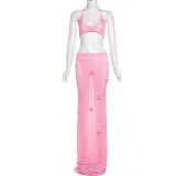 Women Spring Summer Sexy Halter Neck Crop Top Flower Patchwork Knitting Skirt Two-piece Set