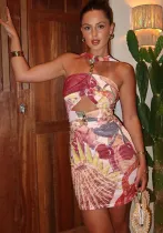 Spring Printed Metal Button Hollow Strapless Bodycon Short Dress