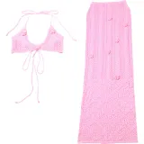 Women Spring Summer Sexy Halter Neck Crop Top Flower Patchwork Knitting Skirt Two-piece Set