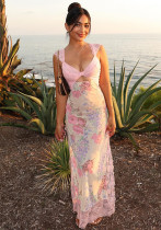Holidays style sexy lace Patchwork print irregular slit hollow Strap beach Dress
