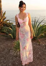 Holidays style sexy lace Patchwork print irregular slit hollow Strap beach Dress