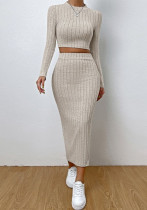 Women's spring Casual fashion Round Neck long sleeve Knitting two piece skirt set