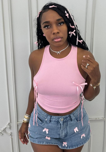 Summer fashion solid color bow short vest Crop top