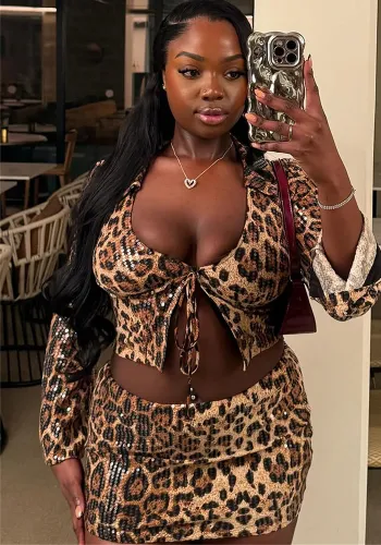 Spring Leopard Print Tie Top Short Skirt Two Piece Set