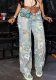 Spring Floral Print Ripped High Waist Loose Straight Denim Pants