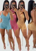 Spring Sexy Backless Knitting Three-Piece Shorts Set