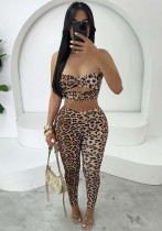 Fashionable leopard print slim sexy hollow short vest top pants Two Piece Set
