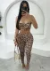 Fashionable leopard print slim sexy hollow short vest top pants Two Piece Set