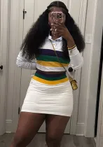 Fashionable striped contrast slim sexy Turndown Collar short top Bodycon short skirt Two Piece Set