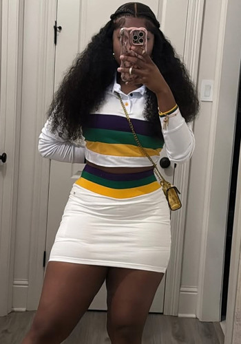 Fashionable striped contrast slim sexy Turndown Collar short top Bodycon short skirt Two Piece Set