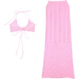 Women Spring Summer Sexy Halter Neck Crop Top Flower Patchwork Knitting Skirt Two-piece Set