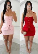 Fashionable slim solid color button square collar sleeveless vest top Bodycon short skirt Two Piece Set