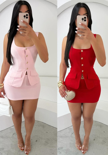 Fashionable slim solid color button square collar sleeveless vest top Bodycon short skirt Two Piece Set