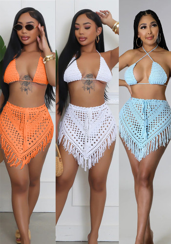 Summer Crocheted Hollow Bra Tassel Short Skirt Sexy Two-Piece Set