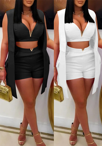 Women Elegant Career Vest Turndown Collar Blazer Shorts Three-Piece
