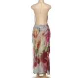 Women sexy Backless lace Halter Neck French slit dress