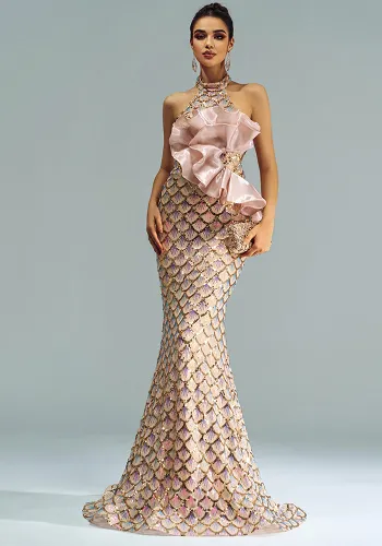 Women Round Neck off-shoulder sequin Formal Party Bodycon fishtail evening dress