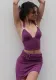 Women sexy metal v-neck Halter Neck lace tank top and belt Skirt two-piece suit