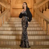 Women Long Sleeve Square Neck Sequin Formal Party Bodycon Fishtail Evening Dress