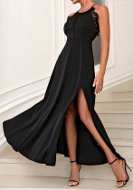 Women Lace Dotted Halter Neck Slit Dress