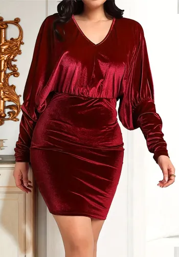 Women Career Elegant Sexy V-neck Bat Sleeves Velvet Bodycon Dress