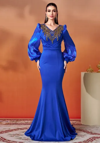 Women long sleeve V-neck sequin Formal Party Bodycon fishtail evening dress