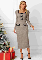 Women French Long Sleeve Sexy Bodycon Belt Plaid Stretchy Knitting Dress