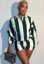 Women striped short-sleeved top and shorts two-piece set