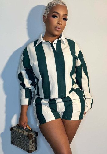 Women striped short-sleeved top and shorts two-piece set